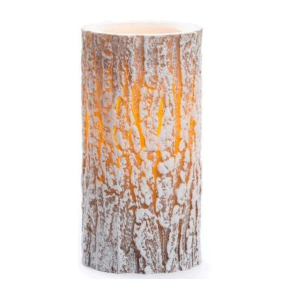 NWT- 6" Flameless LED Real Wax Pillar Candle, "Snow Covered Bark"